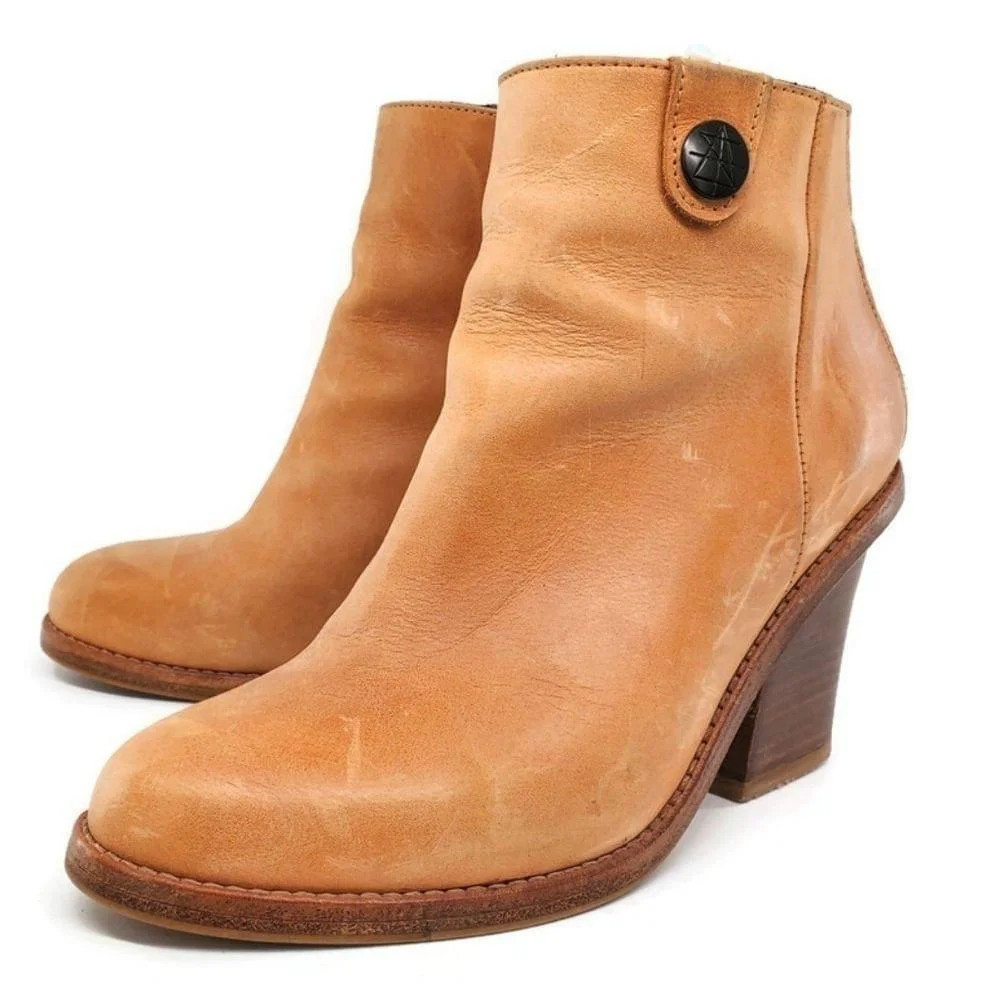 Surface To Air Tan Leather Stacked Block Side-Zip Almond Toe Ankle Boots